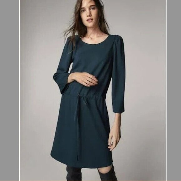 Massimo Dutti NWT S Forest Green Knee Length Dress 3/4 Sleeve Tie Waist Modest‎ - Picture 2 of 10